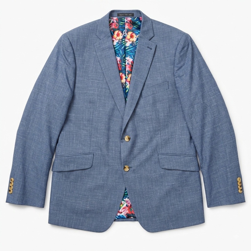 Indochino Blue Wool Linen Sport Coat Blazer 52R Wild Flamingo Floral Lining 2023